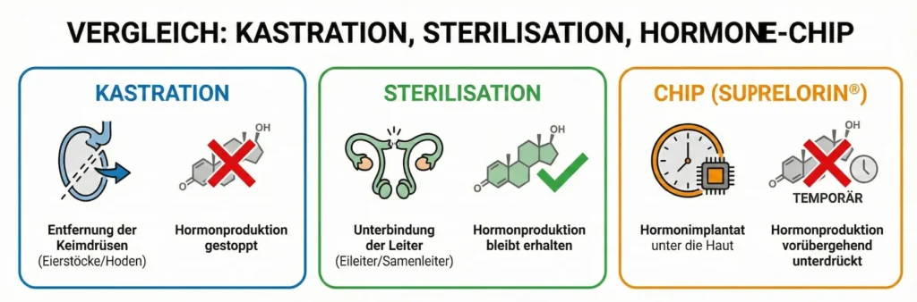 Vergleichstabelle: Kastration (Organe raus, Hormone weg), Sterilisation (Durchtrennt, Hormone bleiben), Chip (Hormone temporär weg).