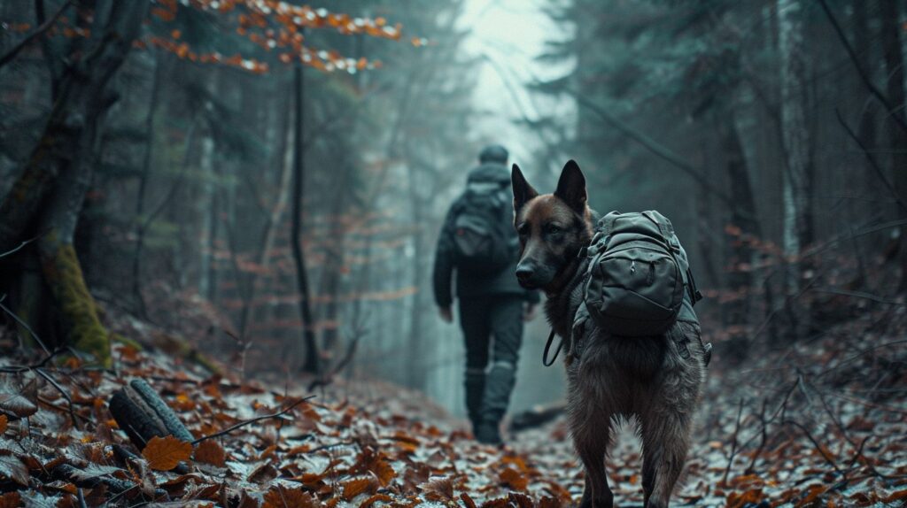 Ein Rettungshund und sein Hundeführer suchen im Wald nach Überlebenden.