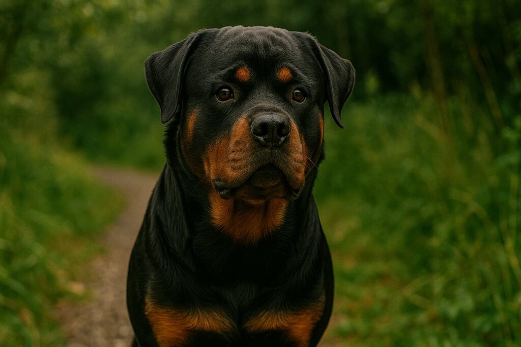 Ein großer Rottweiler auf einem Feldweg. 