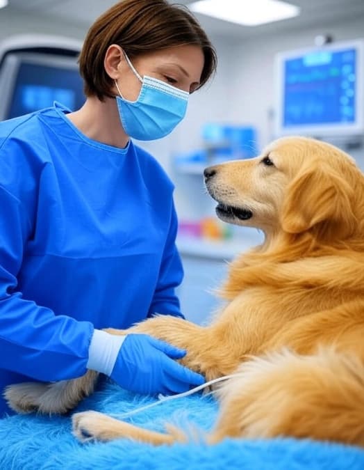 Ein Tierarzt überwacht die Vitalfunktionen eines Hundes, der in Narkose auf einem Operationstisch liegt.