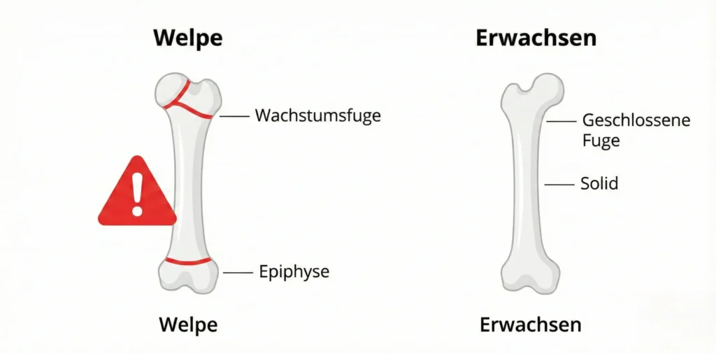 Medizinische Grafik eines Welpenknochens vs. erwachsenen Knochens. Die Wachstumsfuge ist als 'weiche Zone' rot markiert. Warnsymbol bei Belastung