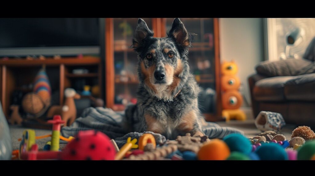 Ein niedlicher Hund sitzt umgeben von Spielzeug und Leckereien in einem gemütlichen Wohnzimmer.