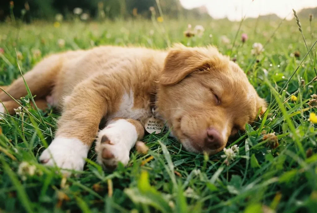Nahaufnahme: Ein müder Welpe hat sich während des Spaziergangs ins Gras gelegt und macht eine Pause. Die Augen fallen zu
