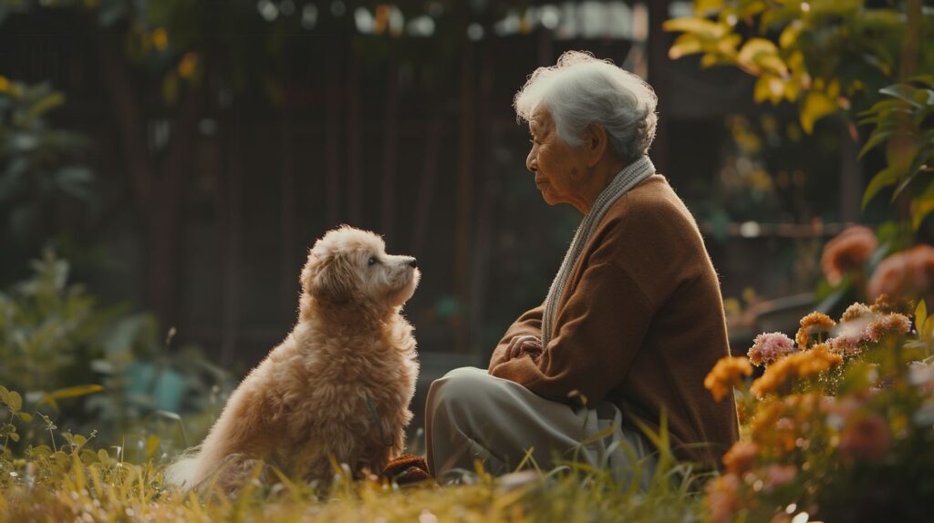 Eine ältere Frau sitzt mit einem kleinen Hund in einem friedlichen Garten.
