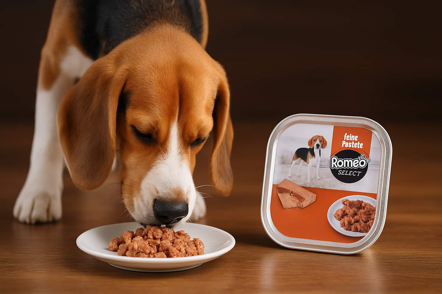 Ein Hund frisst das Nassfutter von Aldi von einem Teller.