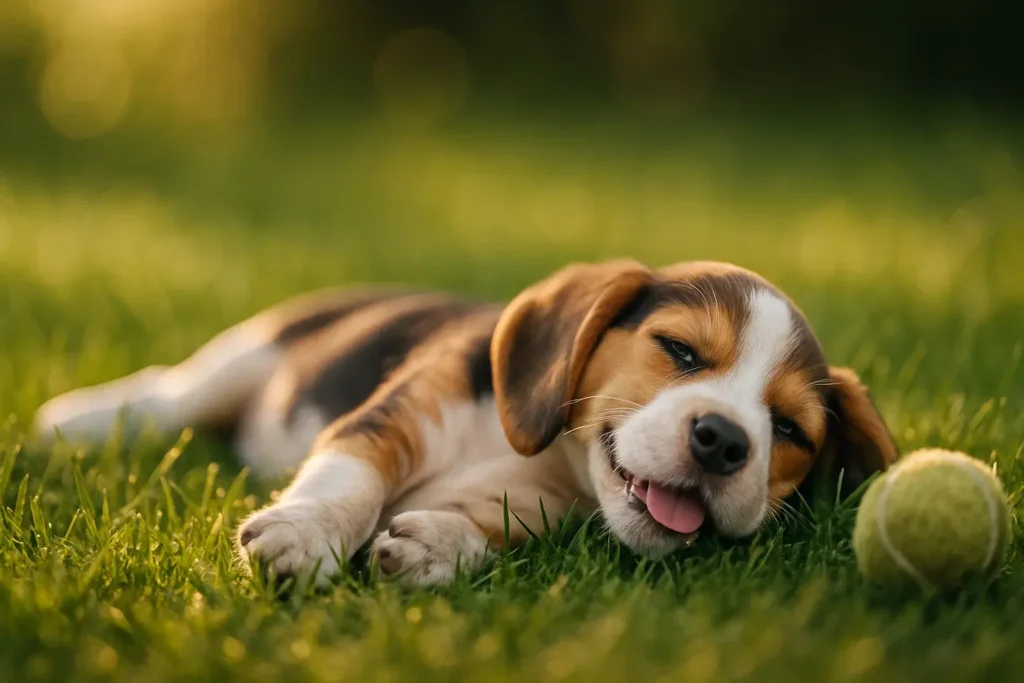 Ein kleiner Beagle-Welpe liegt nach dem Spielen erschöpft aber zufrieden im grünen Gras.