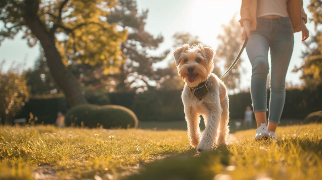 Ein glücklicher Ersthundebesitzer spaziert mit einer kleinen, pflegeleichten Rasse im Park.