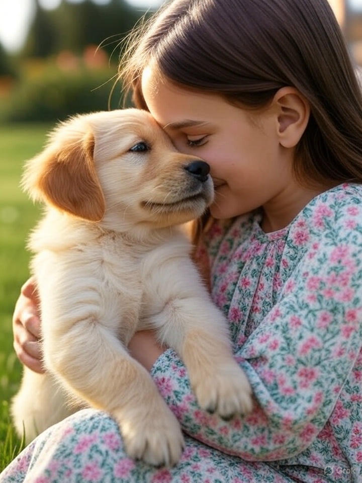 Ein Golden Retriever schmust mit einem Kind.