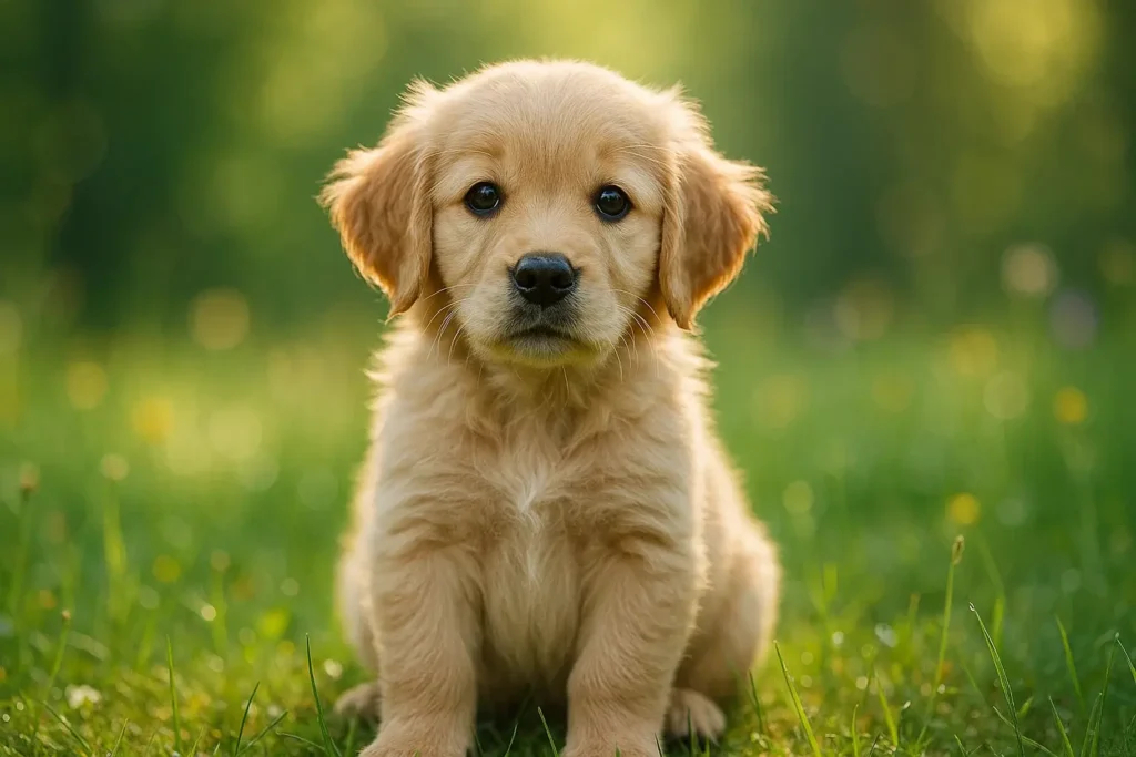 Ein kleiner Golden Retriever Welpe sitzt aufmerksam auf einer Wiese und schaut in die Kamera.
