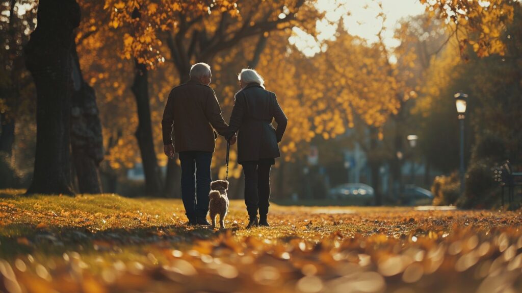 Ein älteres Ehepaar spaziert mit ihrem kleinen, ruhigen Hund im Park.
