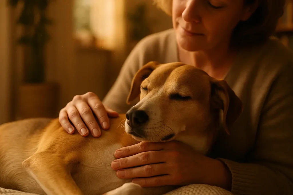 Person streichelt beruhigend einen Hund, um Stress als Ursache für Verdauungsprobleme zu reduzieren.