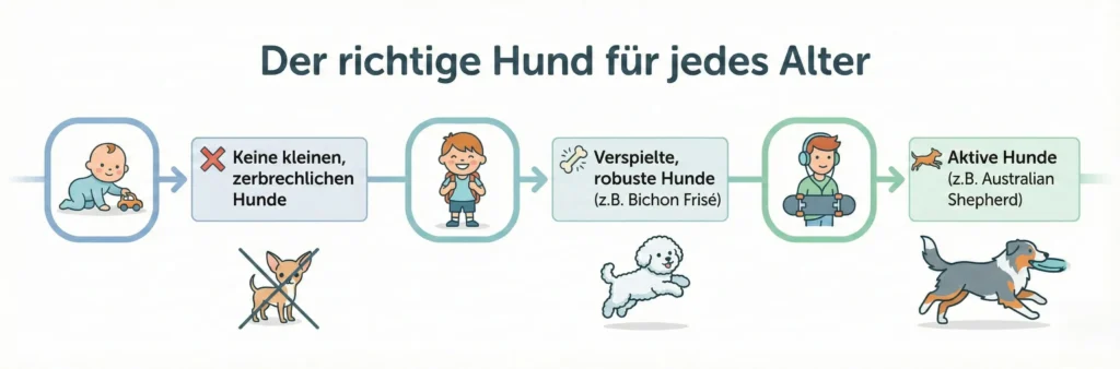 Grafik: Zeitstrahl Kindesalter. 0-6 Jahre: Robuste, ruhige Hunde (z.B. Goldie). 6-12 Jahre: Verspielte Begleiter (Havaneser). Ab 12: Aktive Hunde (Aussie).