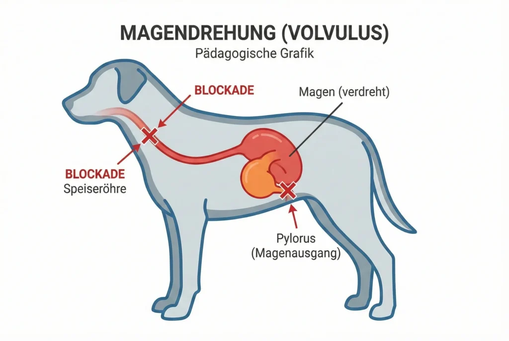 Infografik zeigt die typischen Symptome einer Magendrehung beim Hund