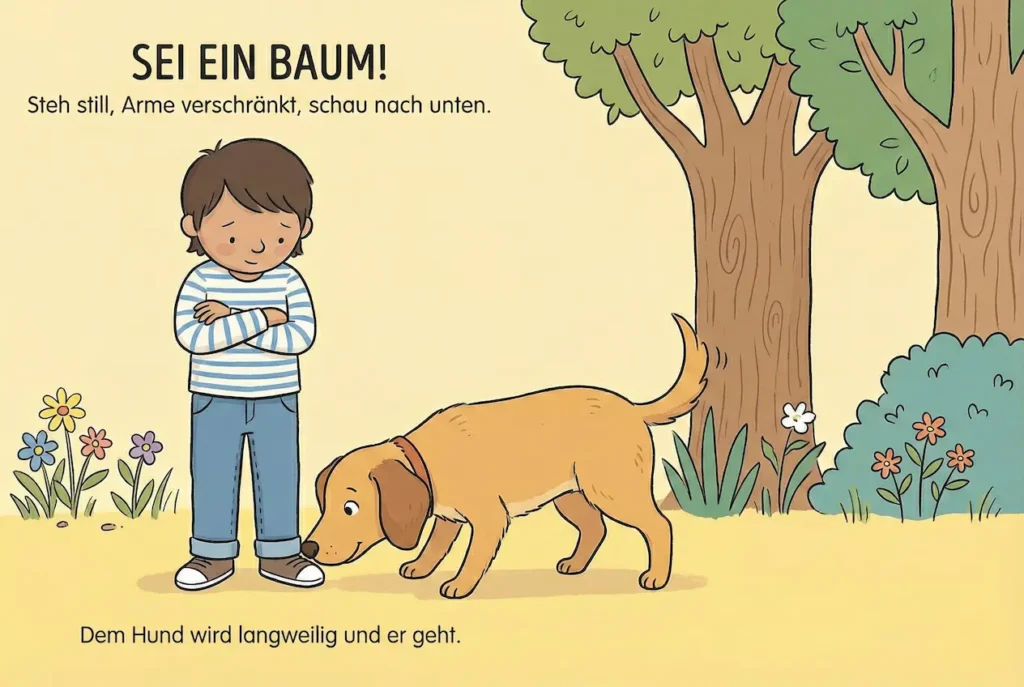 Zeichnung: Kind steht still mit Armen am Körper (Baum), Hund verliert das Interesse.