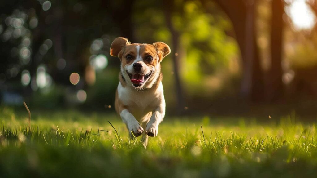 Ein gesunder und aktiver Hund rennt durch einen üppig grünen Park.