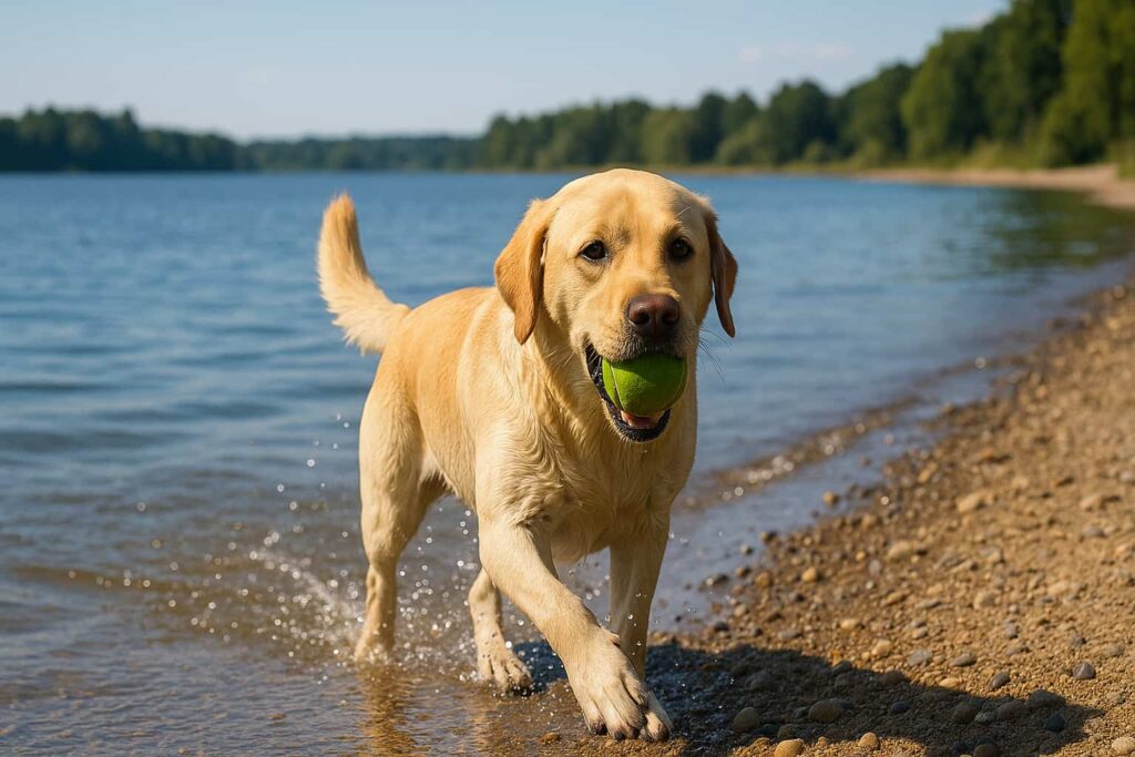 Ein blonder Labrador Retriever apportiert einen Ball am Seeufer.