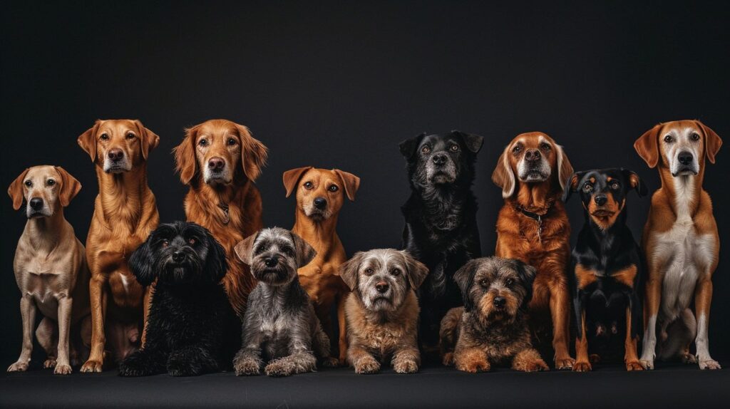 Eine Vielfalt von Hunderassen in einer Naturfotografie.