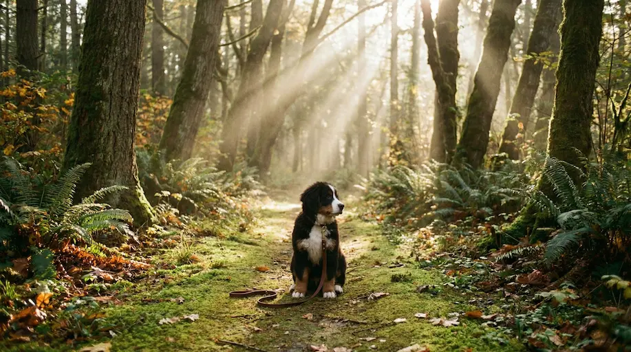 Ein Welpe sitzt auf einem Waldweg.