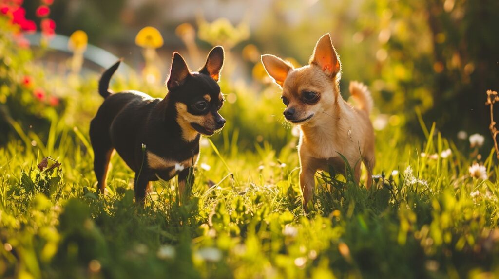 Zwei Chihuahuas spielen in einem lebendigen Garten.