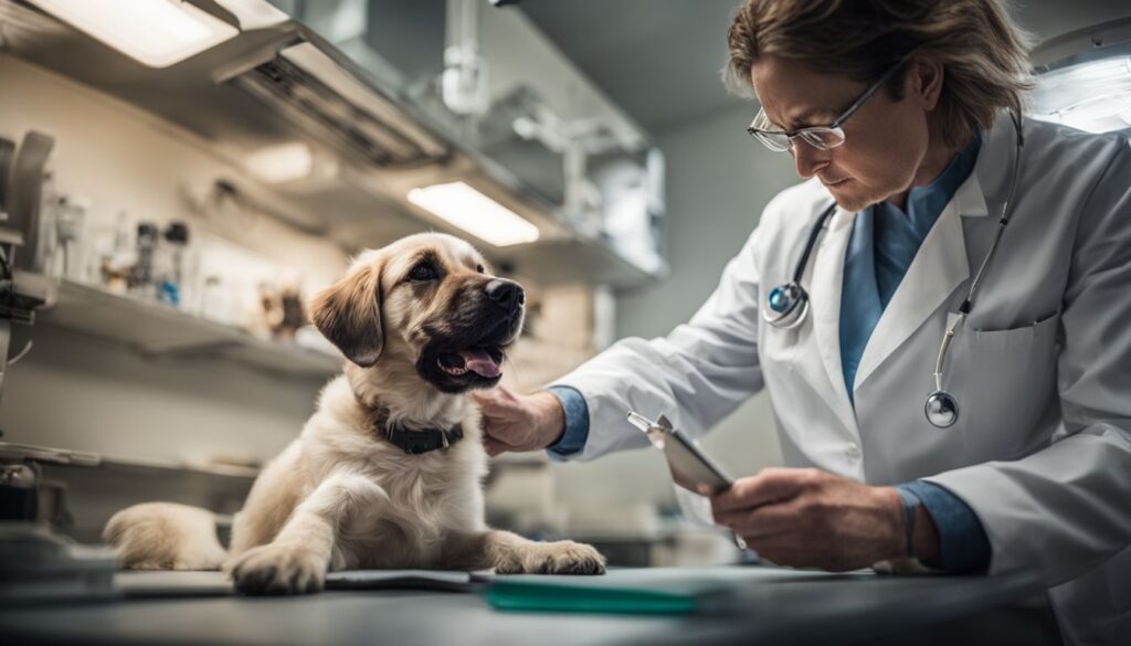 Ein Tierarzt untersucht die dunkel verfärbten Hoden eines Hundes in einer klinischen Umgebung.