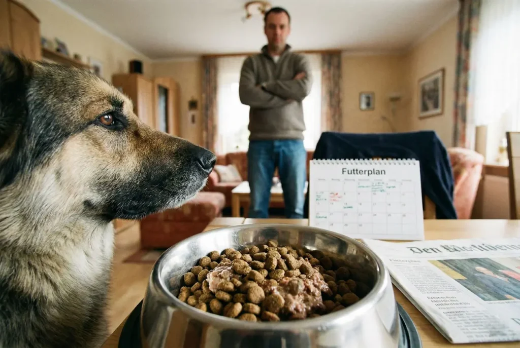 Ein Hund sitzt vor seinem vollen Napf und dreht den Kopf demonstrativ weg. Besitzer im Hintergrund verschränkt die Arme (konsequent).