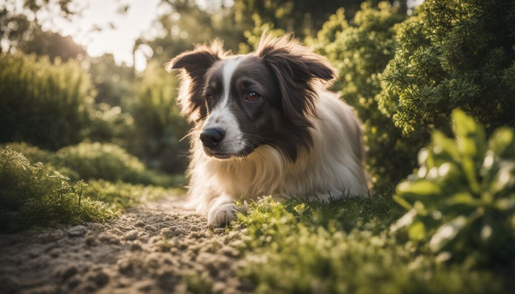 Ein neugieriger Hund schnüffelt an einem Garten mit Kalkstaub.