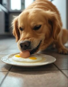 Ein Hund frisst Eier in der Küche.