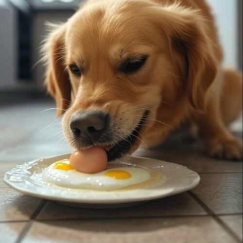 Ein Hund frisst Eier in der Küche.