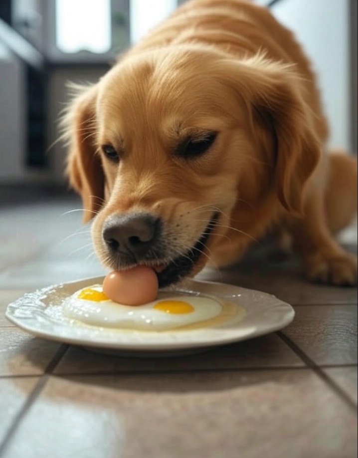 Ein Hund frisst Eier in der Küche.