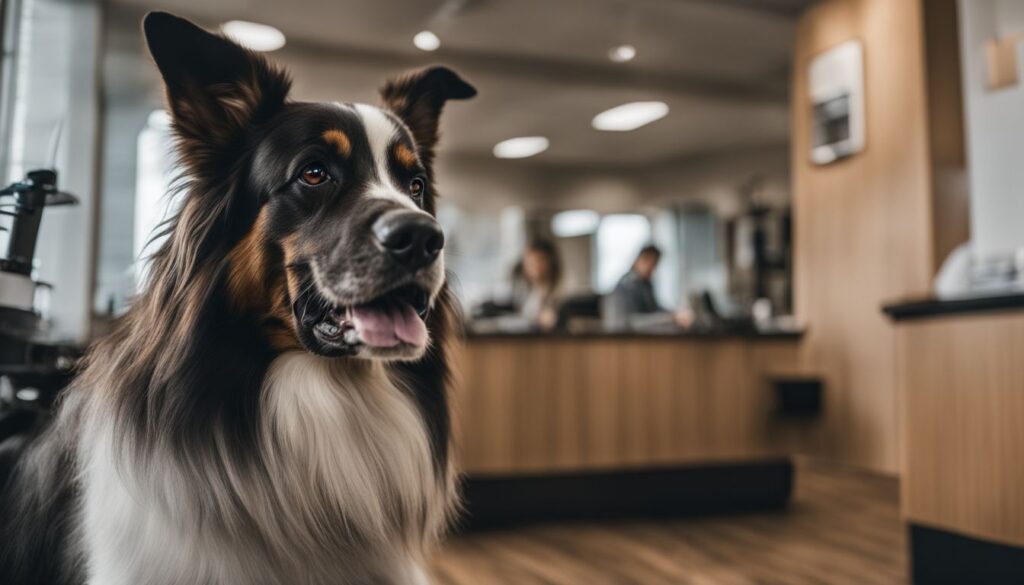 Ein Hund mit übermäßigem Speichelfluss sitzt beim Tierarzt.