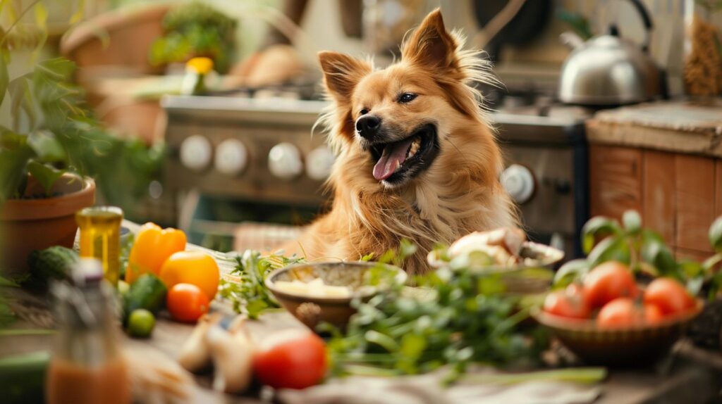 Ein glücklicher Hund genießt eine hausgemachte Mahlzeit umgeben von frischen Zutaten.