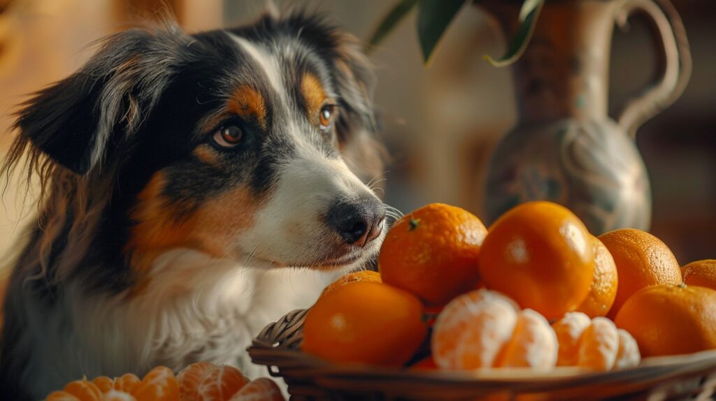 Ein Hund schaut auf eine Schüssel mit Mandarinen und frischem Obst.