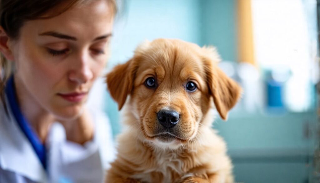 Ein Tierarzt untersucht einen kranken Hund mit medizinischer Ausrüstung.