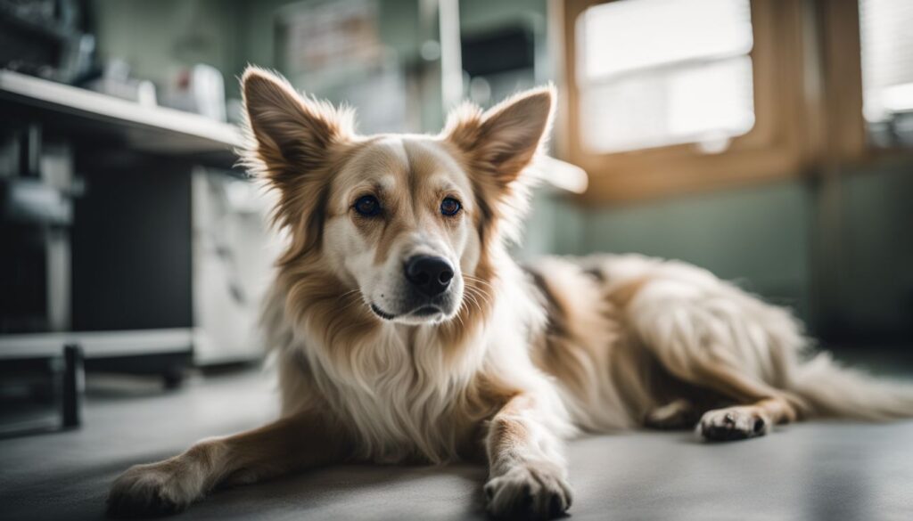 Ein kranker Hund zeigt Symptome von Staupe in einer Tierarztpraxis.