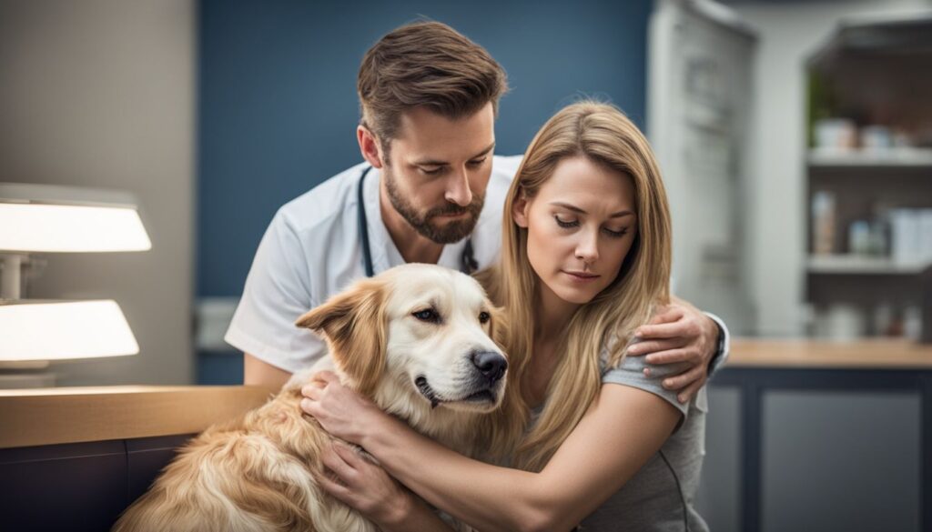 Ein besorgter Hundebesitzer tröstet sein Tier in der Tierarztpraxis.