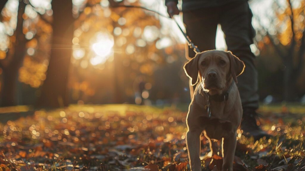 Ein ruhiger Hund wird mit einer sanften Leine in einem friedlichen Park spazieren geführt.