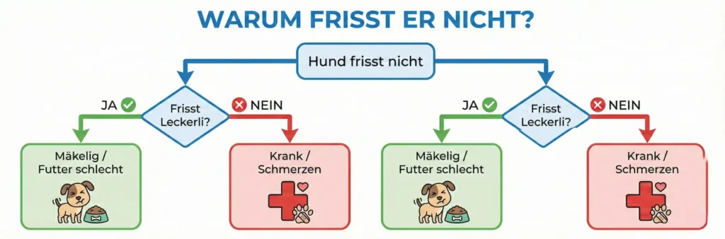 Grafik: Start 'Hund frisst nicht'. Pfad A: Frisst Leckerli? -> Ja -> Mäkelig oder Futter schlecht. Pfad B: Frisst Leckerli nicht? -> Krank -> Tierarzt.