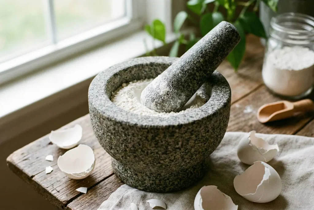 Hände mit Mörser und Stößel, die weiße Eierschalen zu feinem Pulver zermahlen.