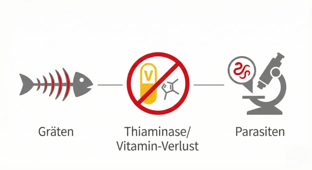 Infografik visualisiert die Gefahren von Fisch für Hunde: Gräten, Thiaminase-Enzym und Parasiten