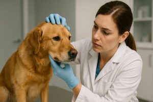 Tierärztin untersucht den Kopf eines Hundes, um die Ursache für eine Beule festzustellen.