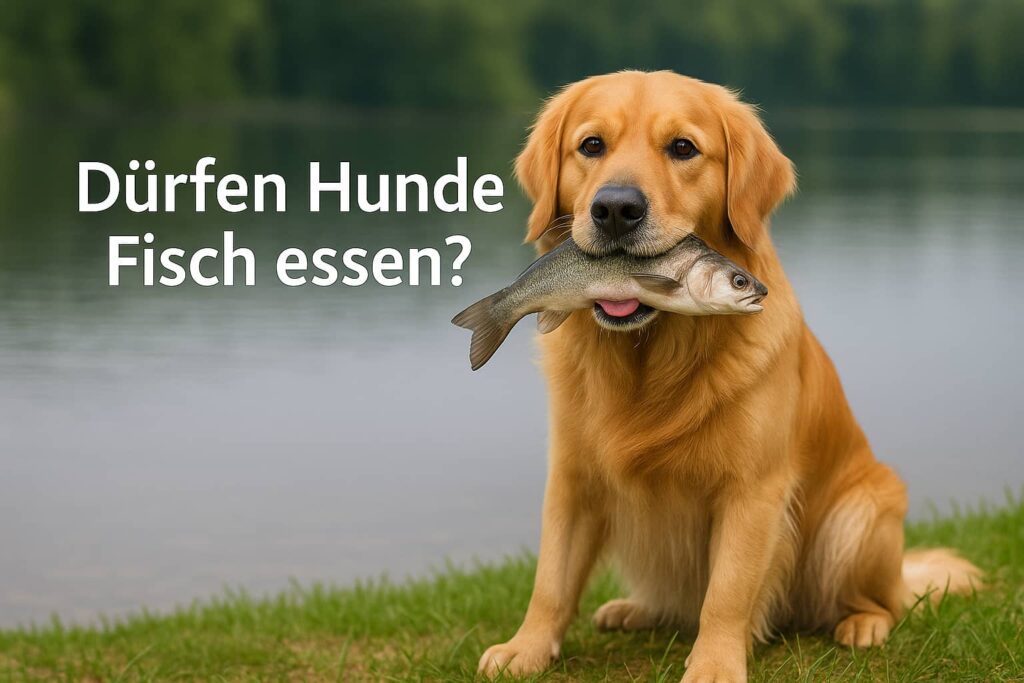 Ein Golden Retriever sitzt glücklich mit einem Fisch im Maul am Seeufer und stellt die Frage: Dürfen Hunde Fisch essen?