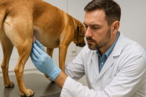 Ein Tierarzt tastet vorsichtig die Hoden eines Hundes ab, um Veränderungen in Farbe und Textur zu untersuchen.