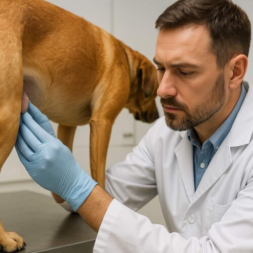 Ein Tierarzt tastet vorsichtig die Hoden eines Hundes ab, um Veränderungen in Farbe und Textur zu untersuchen.
