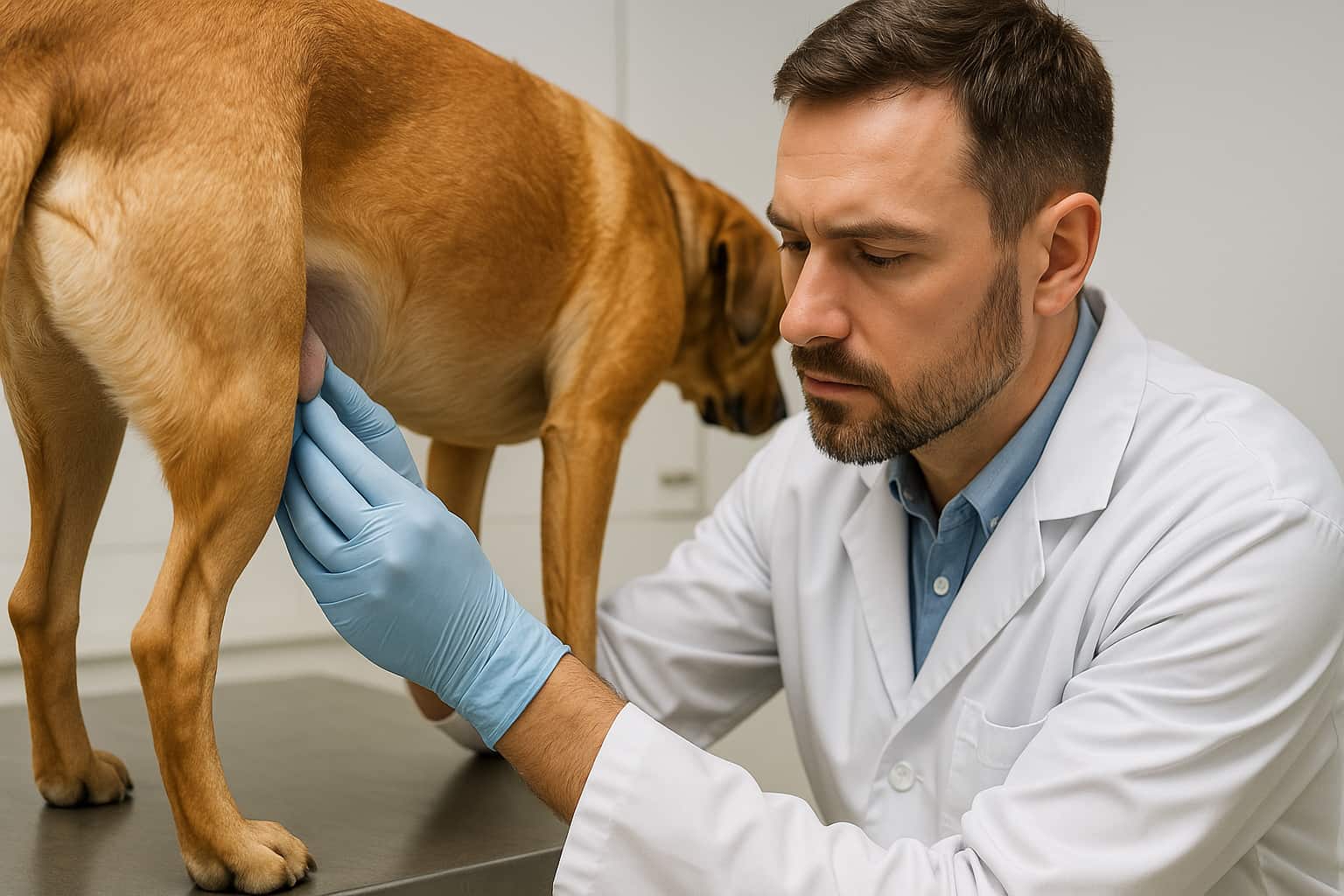Ein Tierarzt tastet vorsichtig die Hoden eines Hundes ab, um Veränderungen in Farbe und Textur zu untersuchen.
