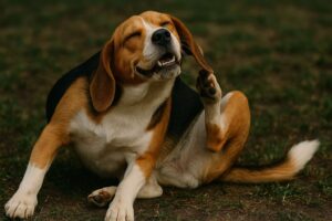 Ein Hund hat sich hingesetzt und kratzt sich ständig.