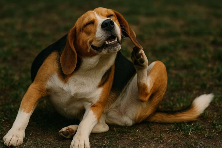 Ein Hund hat sich hingesetzt und kratzt sich ständig.