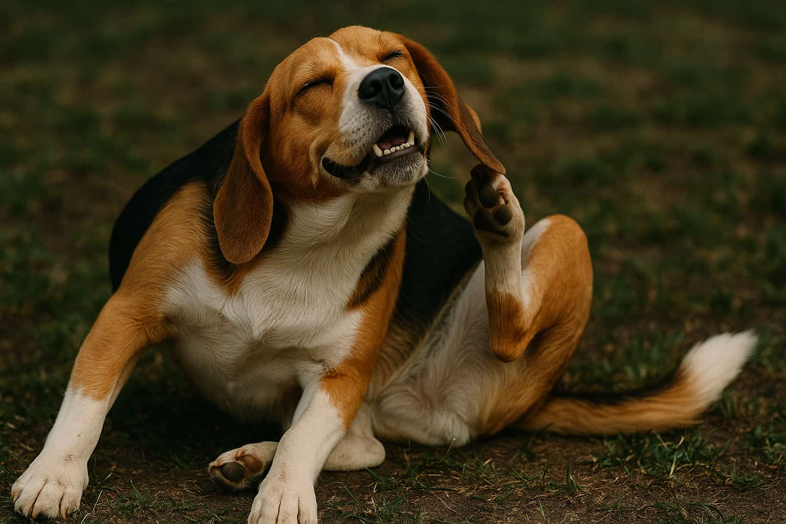 Ein Hund hat sich hingesetzt und kratzt sich ständig.