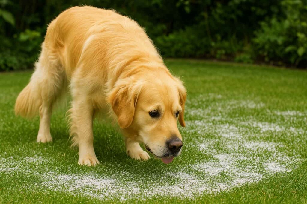Ein neugieriger Golden Retriever schnüffelt auf einem Rasen, auf dem Gartenkalk ausgebracht wurde.