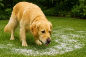 Ein neugieriger Golden Retriever schnüffelt auf einem Rasen, auf dem Gartenkalk ausgebracht wurde.