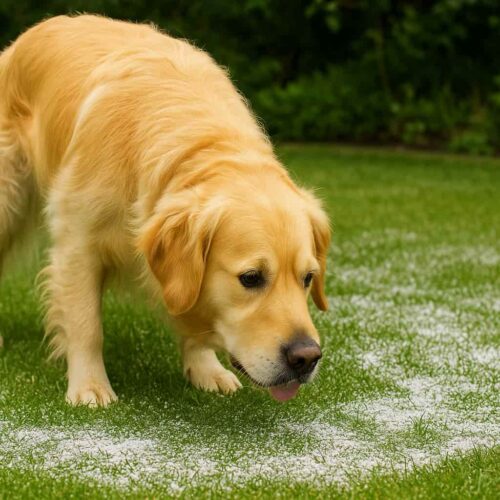 Ein neugieriger Golden Retriever schnüffelt auf einem Rasen, auf dem Gartenkalk ausgebracht wurde.